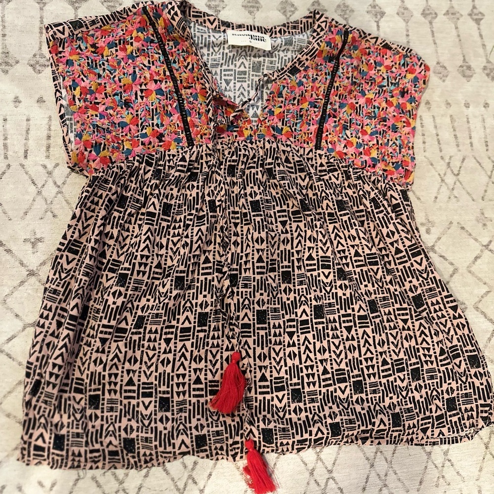 Savanna Jane Womens Shirt Blouse Embellished Boho Floral Tassel Multicolor Small
